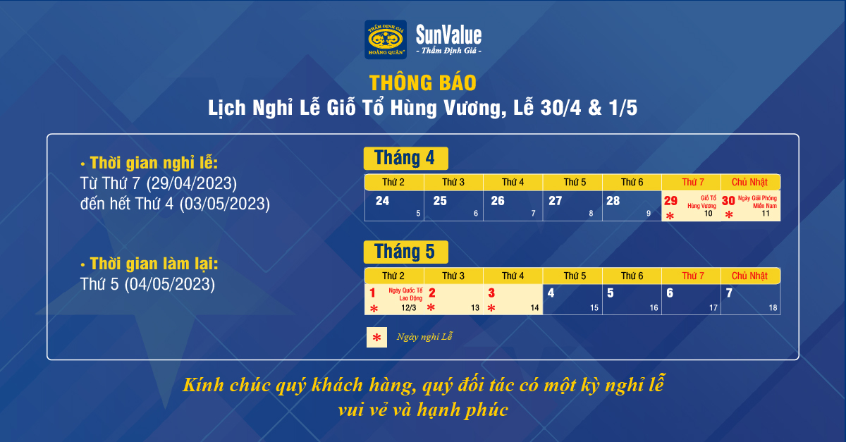 THÔNG BÁO LỊCH NGHỈ LỄ GIỖ TỔ HÙNG VƯƠNG, LỄ 30/4 & 1/5