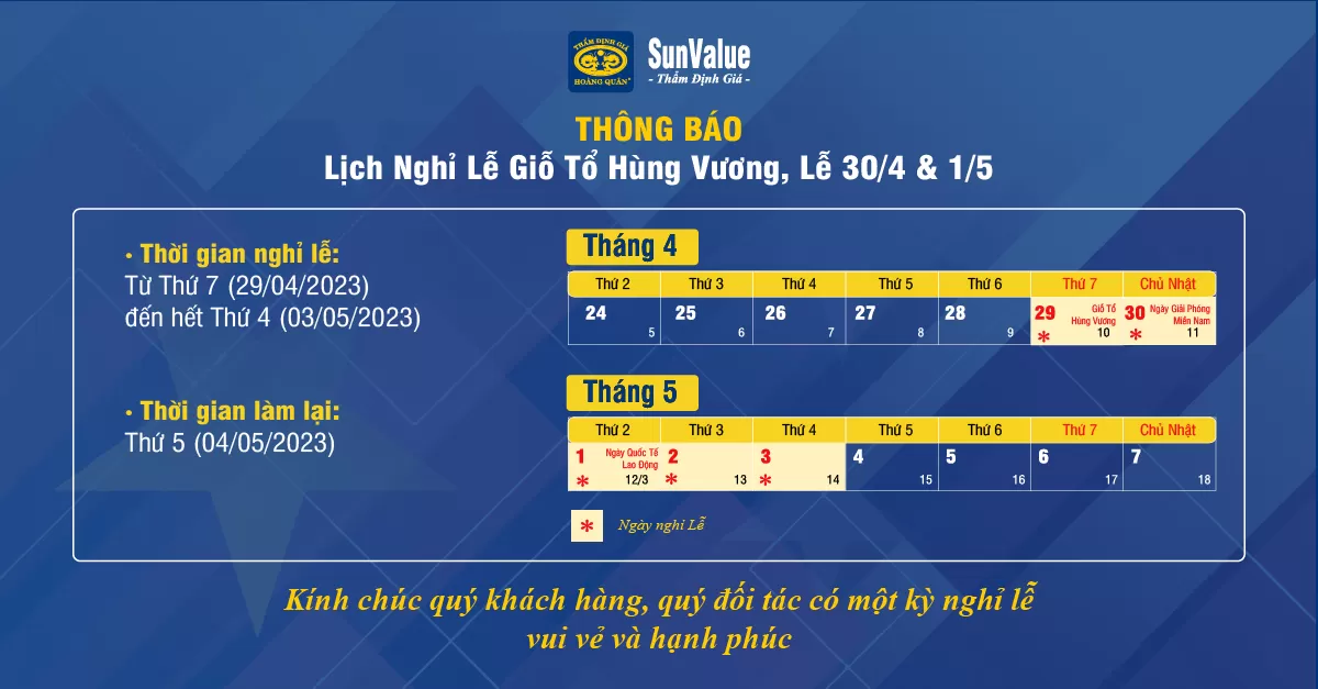 THÔNG BÁO LỊCH NGHỈ LỄ GIỖ TỔ HÙNG VƯƠNG, LỄ 30/4 & 1/5
