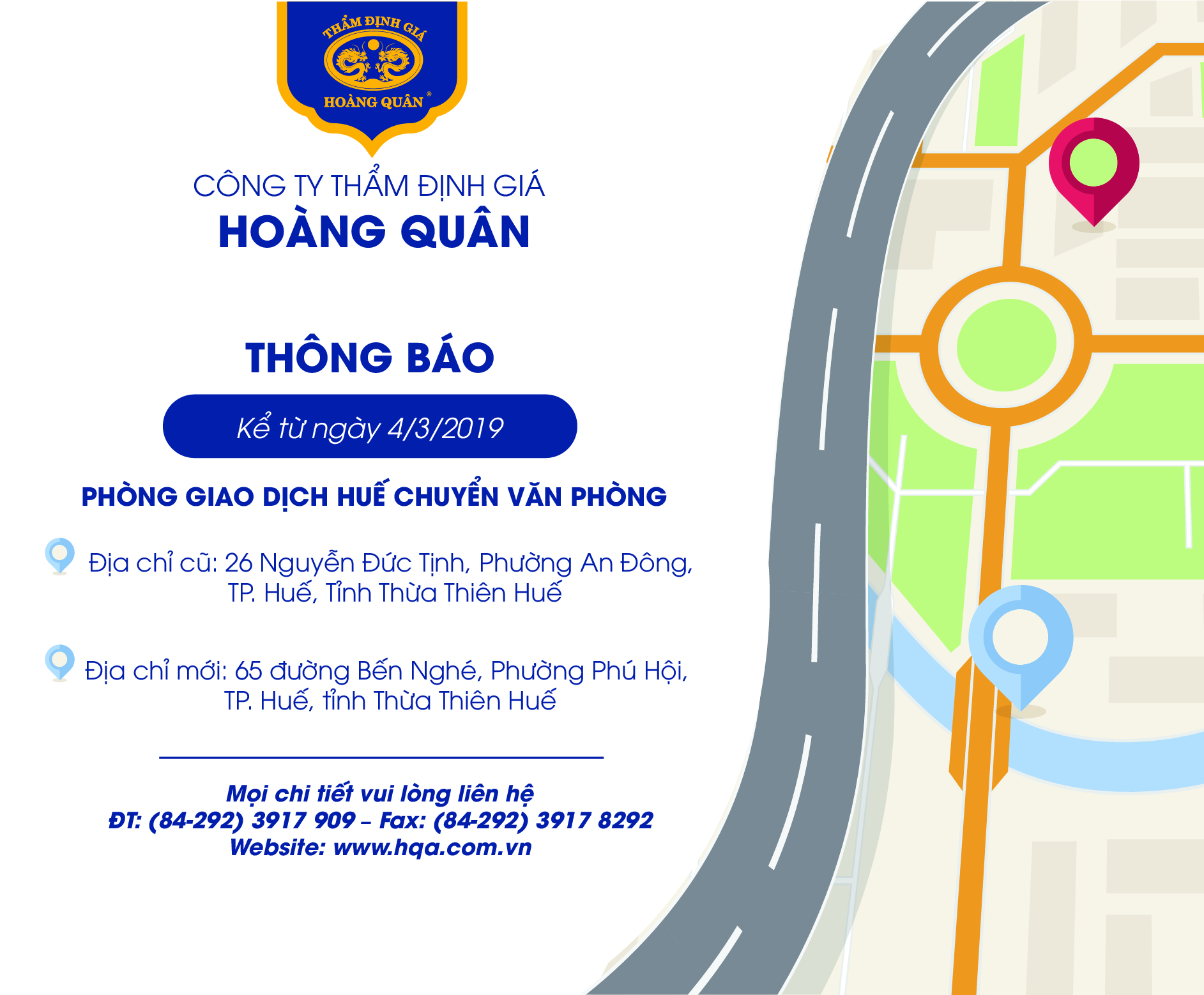 HQA THÔNG BÁO VỀ VIỆC THAY ĐỔI ĐỊA CHỈ PHÒNG GIAO DỊCH HUẾ