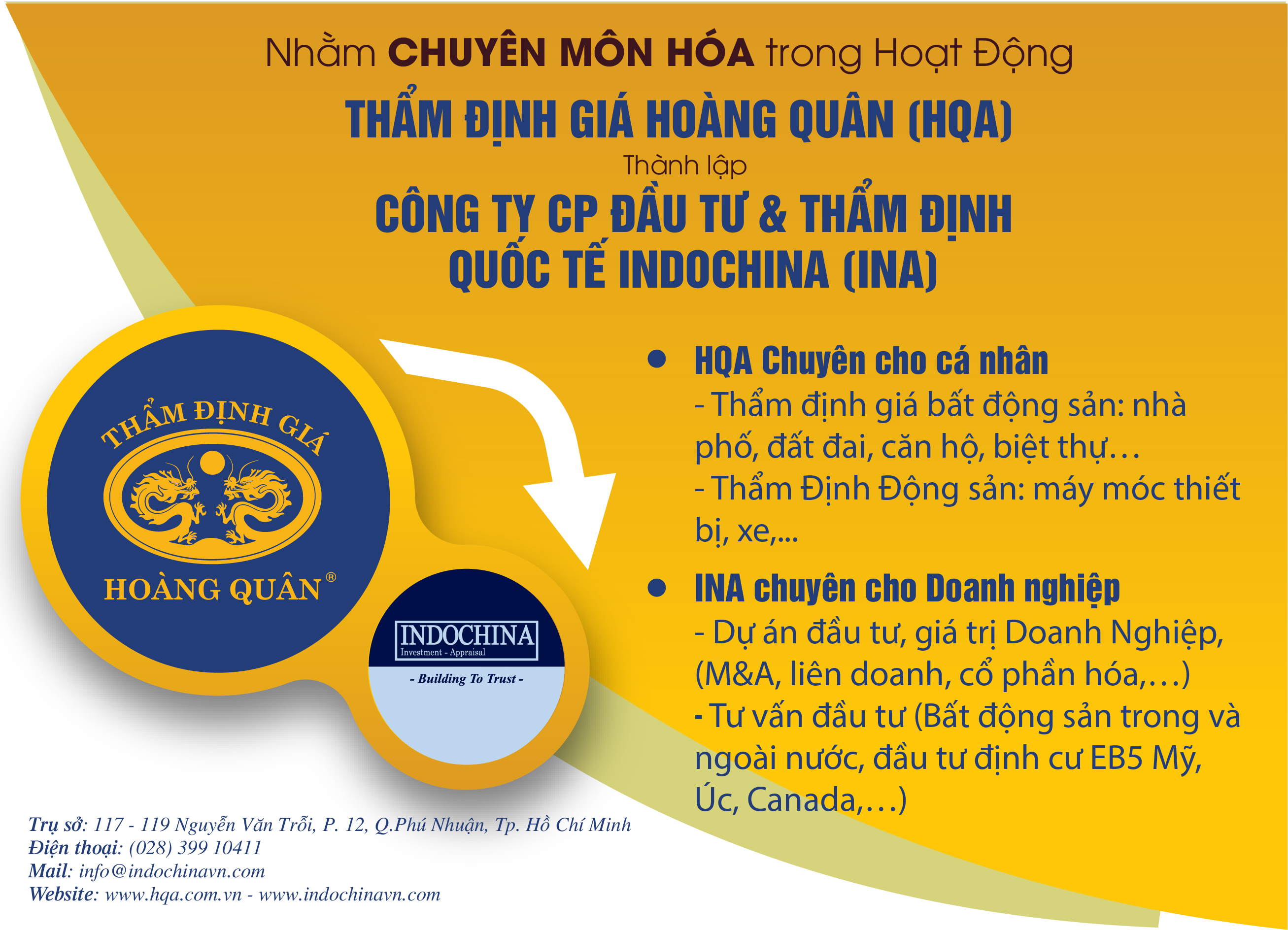 Nhằm chuyên môn hóa trong hoạt động Thẩm định giá Hoàng Quân thành lập Công ty CP Đầu Tư & Thẩm Định Quốc Tế Indochina ( INA) chuyên Thẩm định Doanh Nghiệp và Tư Vấn Đầu Tư