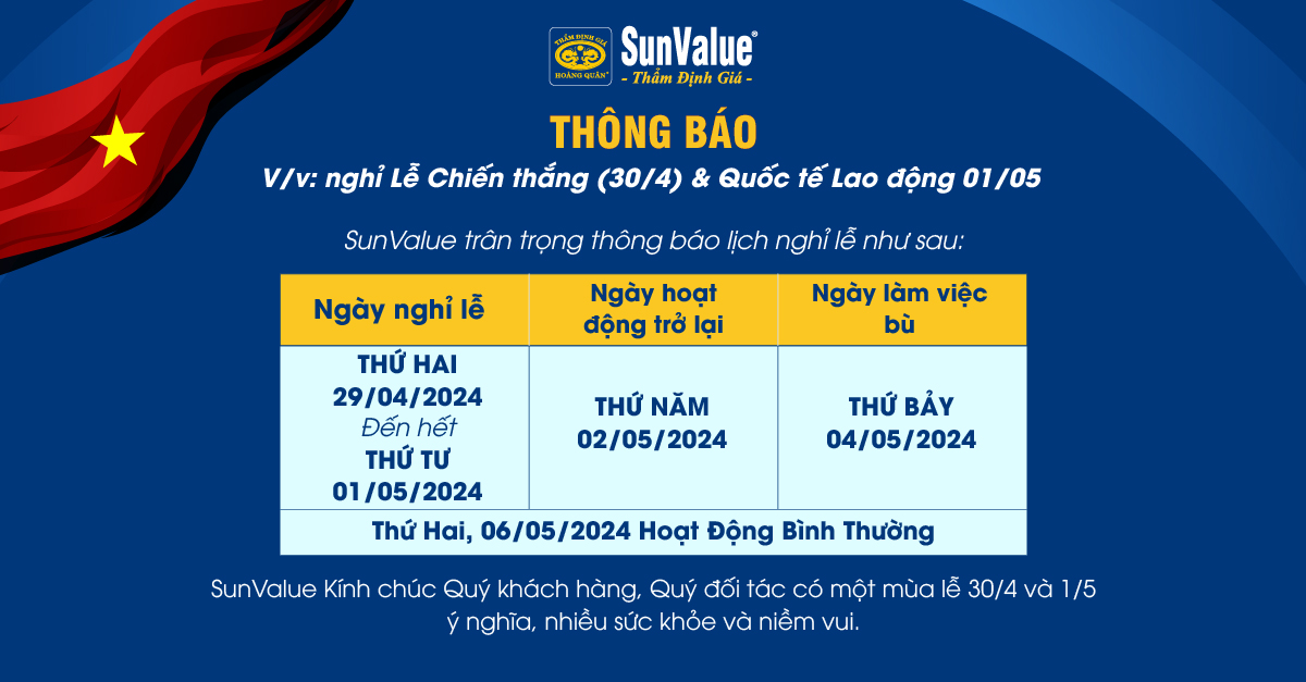 Thẩm định giá Hoàng Quân thông báo lịch nghỉ lễ 30/4 và 1/5 năm 2024